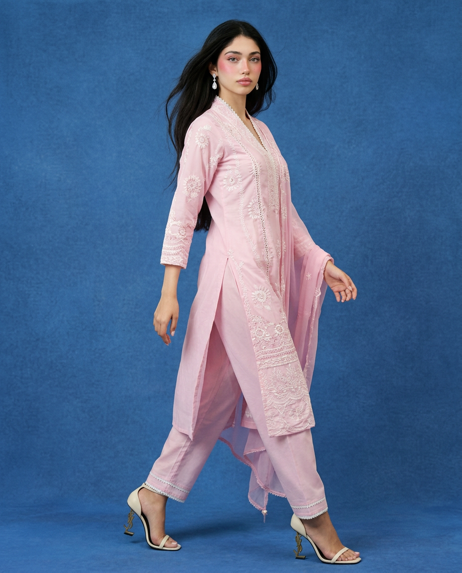 Pink Embriodered cotton Kurta Bottom Dupatta Set