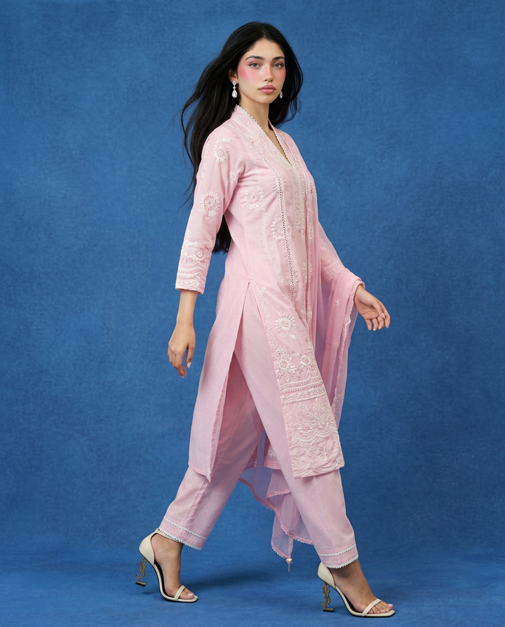Pink Embriodered cotton Kurta Bottom Dupatta Set