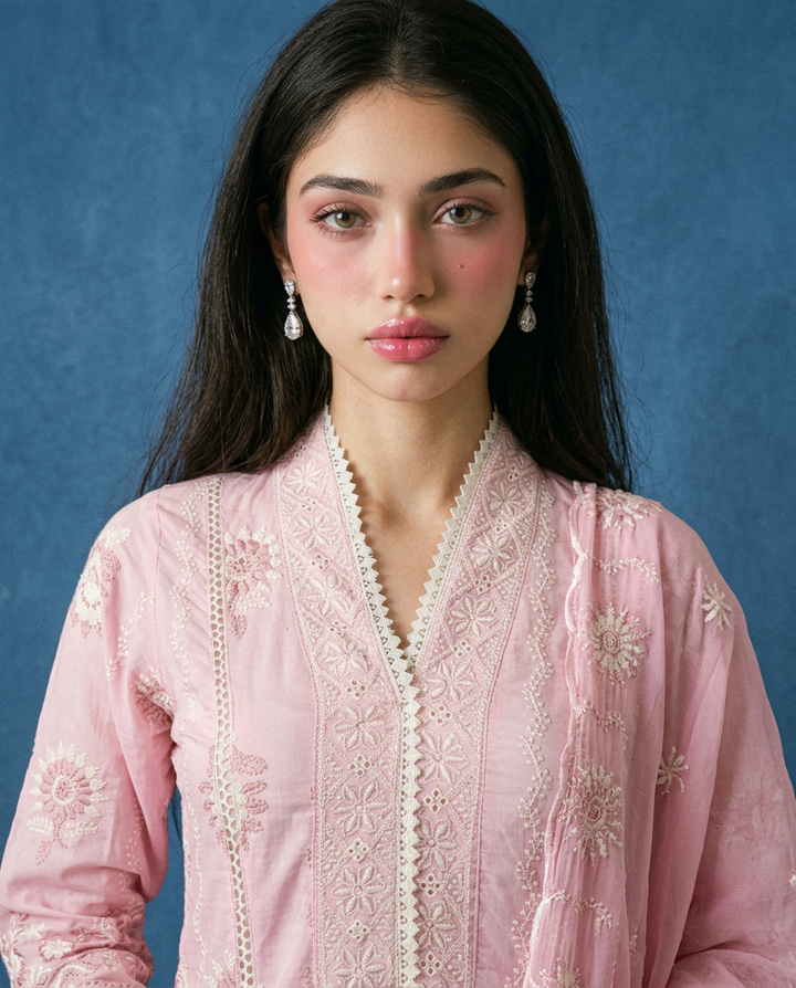 Pink Embriodered cotton Kurta Bottom Dupatta Set