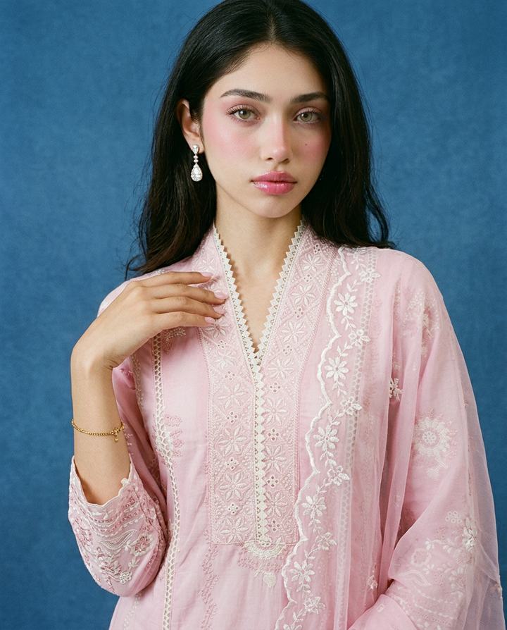 Pink Embriodered cotton Kurta Bottom Dupatta Set