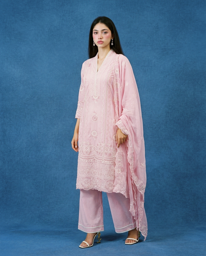 Pink Embriodered cotton Kurta Bottom Dupatta Set