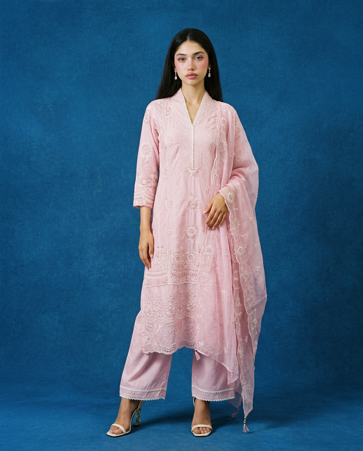 Pink Embriodered cotton Kurta Bottom Dupatta Set