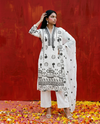 White Embroidered cotton Kurta Bottom Dupatta Set