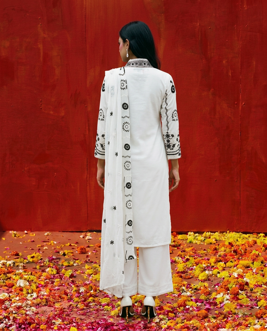 White Embroidered cotton Kurta Bottom Dupatta Set