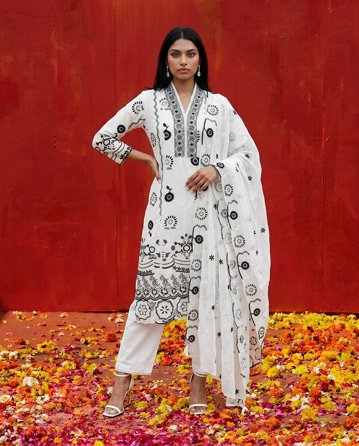 White Embroidered cotton Kurta Bottom Dupatta Set