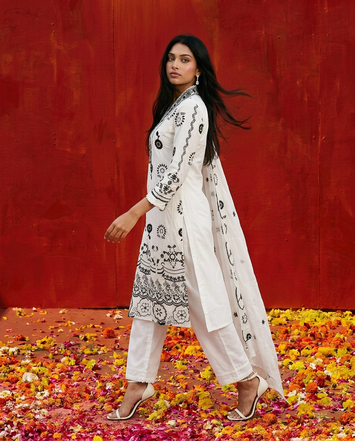 White Embroidered cotton Kurta Bottom Dupatta Set