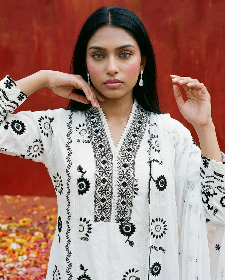 White Embroidered cotton Kurta Bottom Dupatta Set