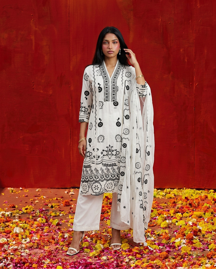 White Embroidered cotton Kurta Bottom Dupatta Set
