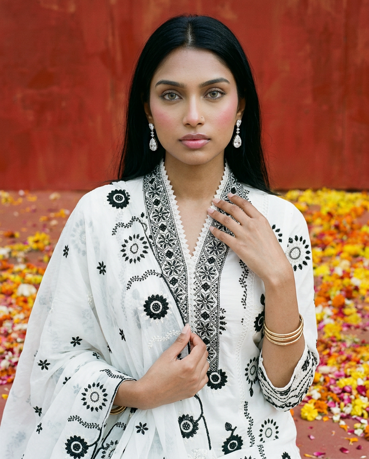White Embroidered cotton Kurta Bottom Dupatta Set