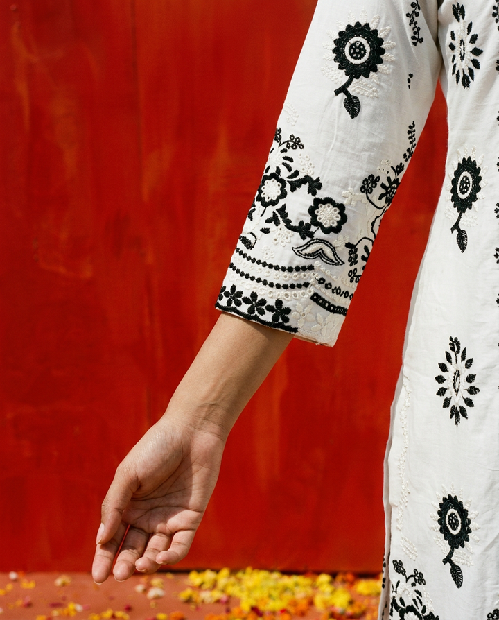 White Embroidered cotton Kurta Bottom Dupatta Set