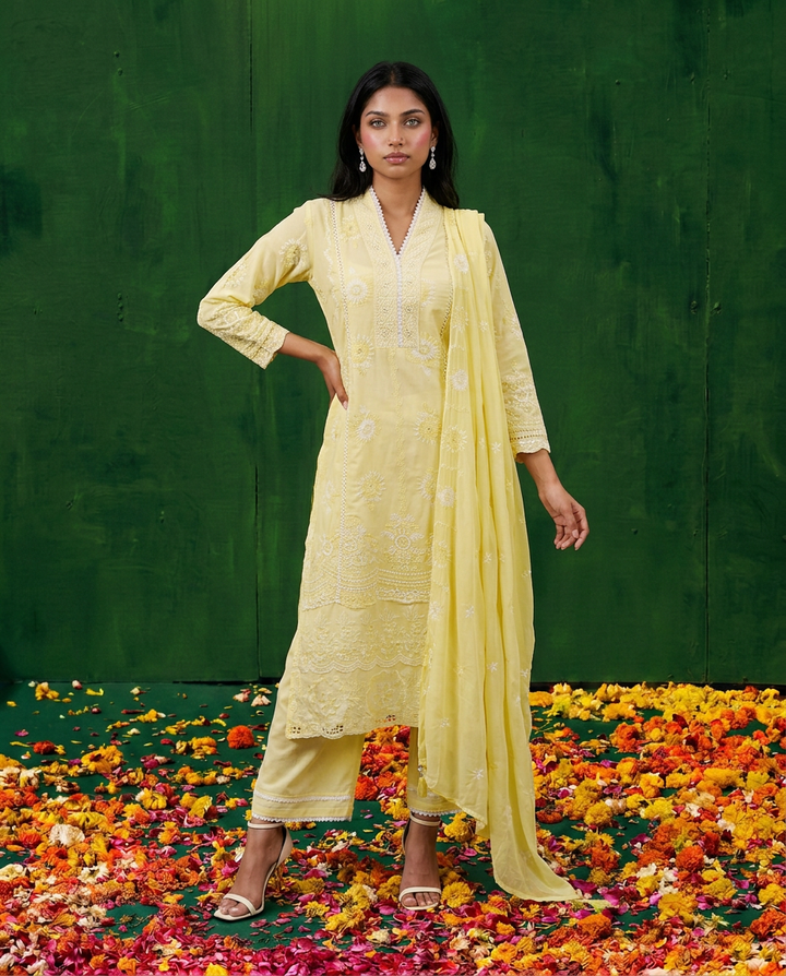 Yellow Embriodered cotton Kurta Bottom Dupatta Set