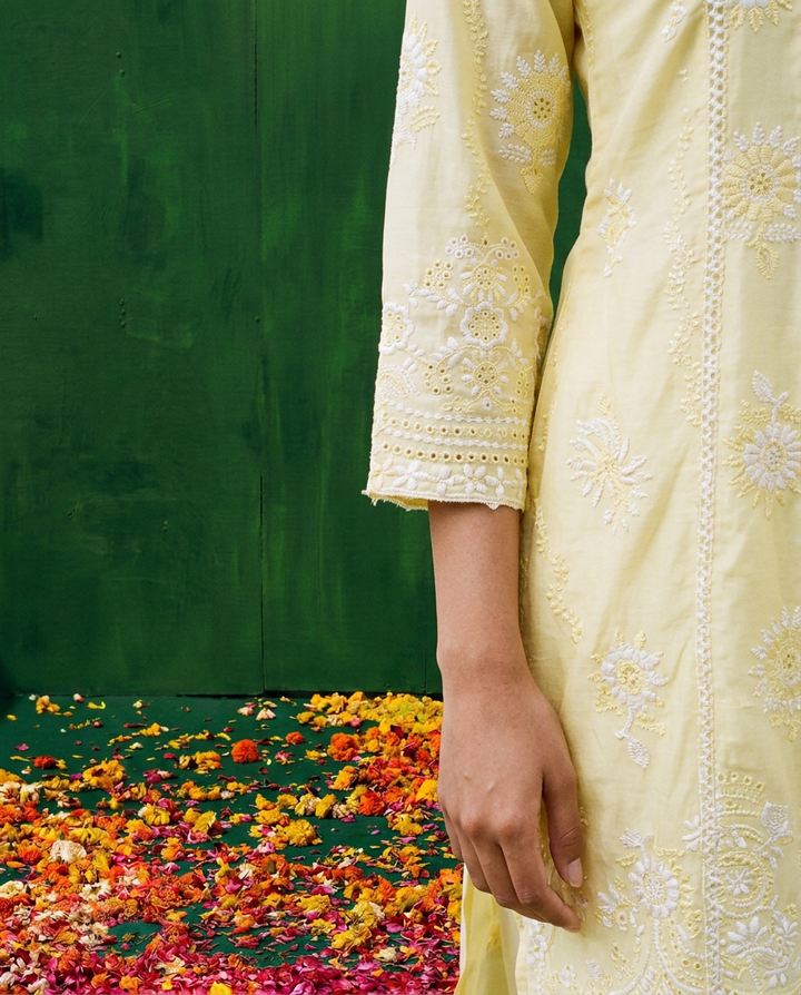 Yellow Embriodered cotton Kurta Bottom Dupatta Set