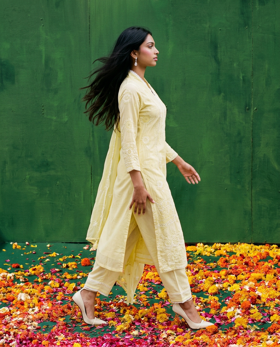 Yellow Embriodered cotton Kurta Bottom Dupatta Set