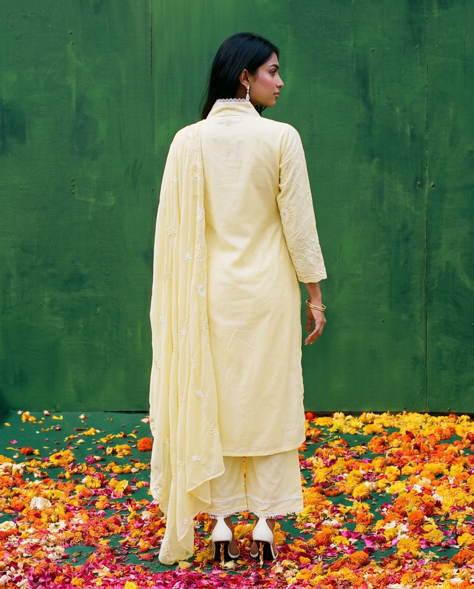 Yellow Embriodered cotton Kurta Bottom Dupatta Set