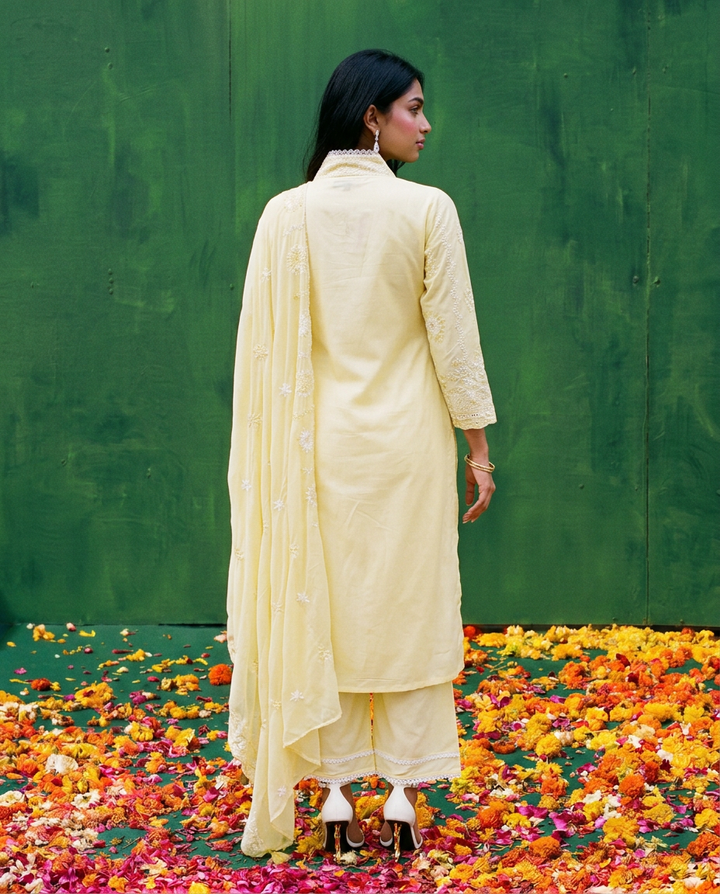 Yellow Embriodered cotton Kurta Bottom Dupatta Set