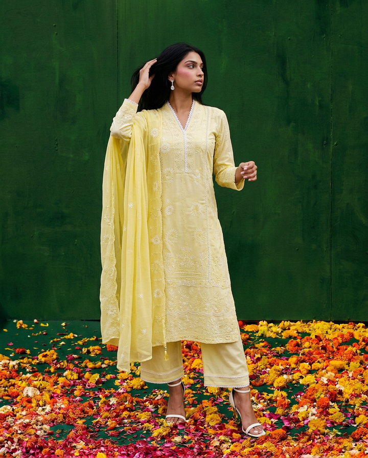 Yellow Embriodered cotton Kurta Bottom Dupatta Set