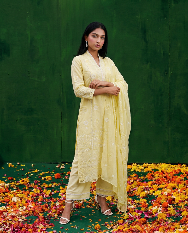 Yellow Embriodered cotton Kurta Bottom Dupatta Set