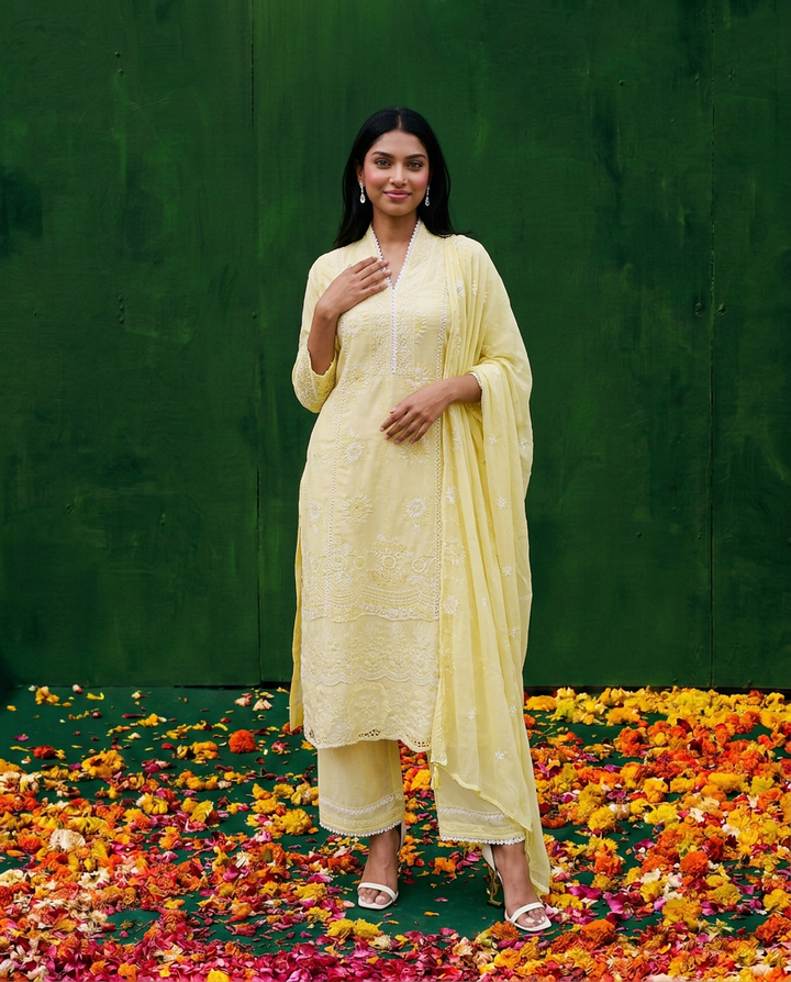Yellow Embriodered cotton Kurta Bottom Dupatta Set