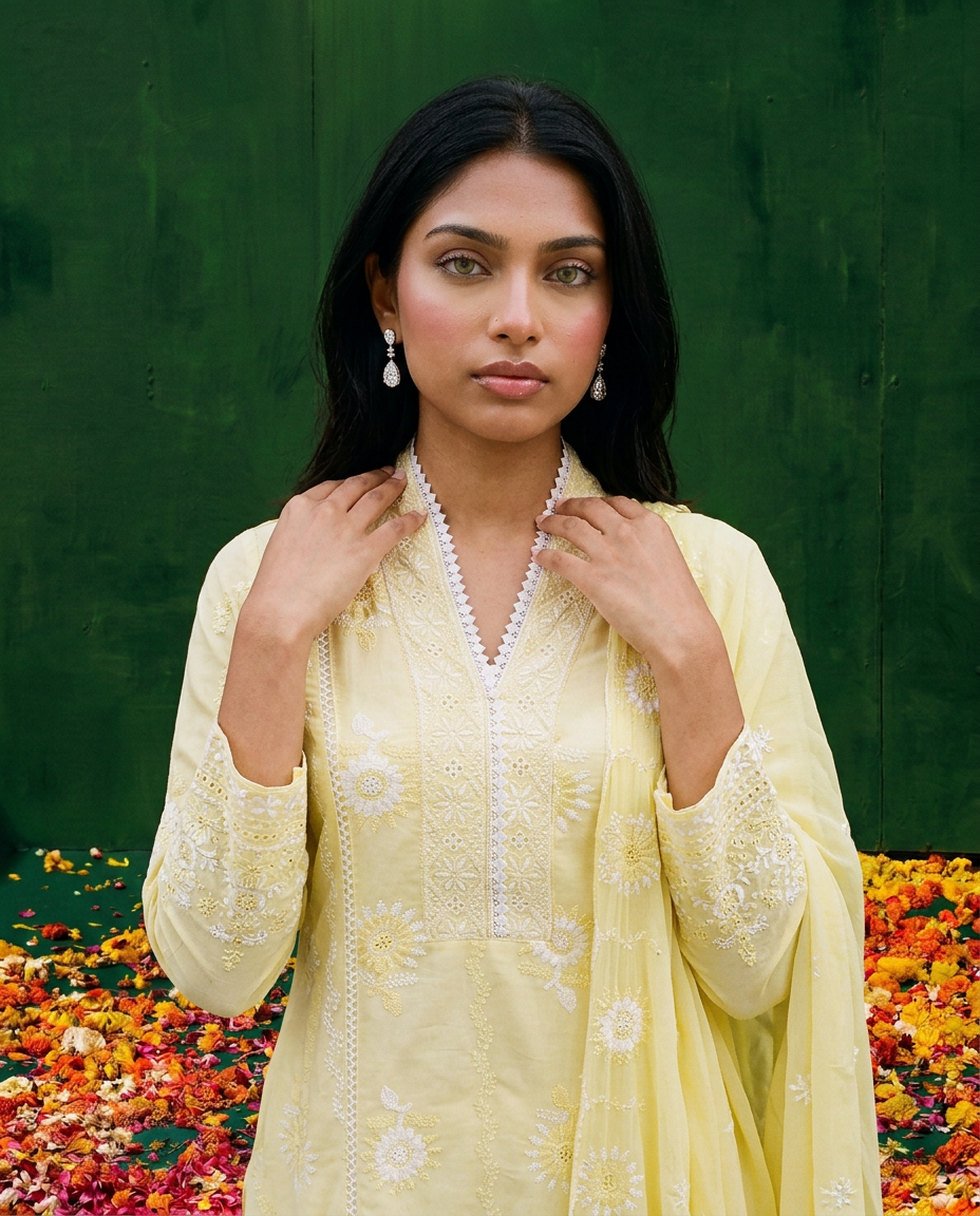 Yellow Embriodered cotton Kurta Bottom Dupatta Set