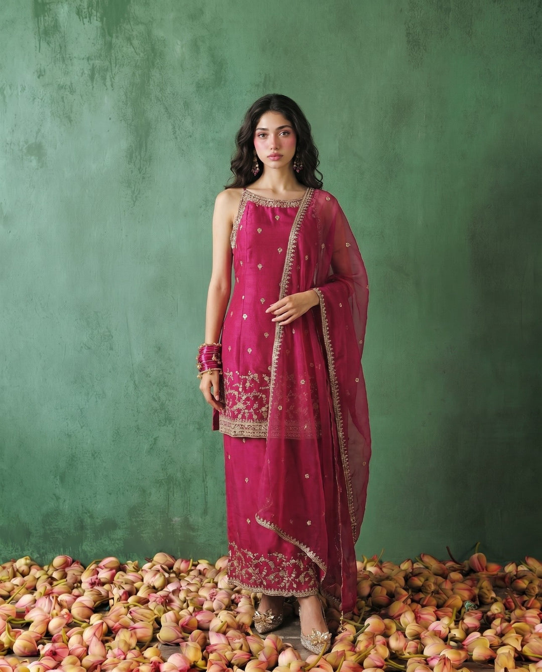 Magenta Embriodered Silk Blended Spaghetti Strap Kurta Bottom Dupatta Set