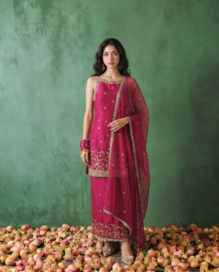 Magenta Embriodered Silk Blended Spaghetti Strap Kurta Bottom Dupatta Set