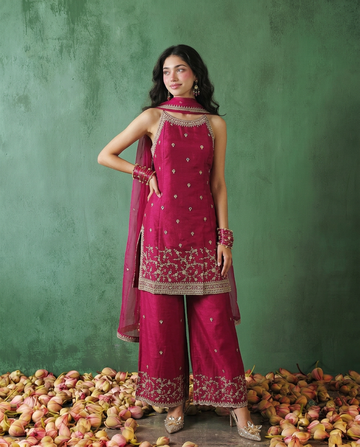 Magenta Embriodered Silk Blended Spaghetti Strap Kurta Bottom Dupatta Set