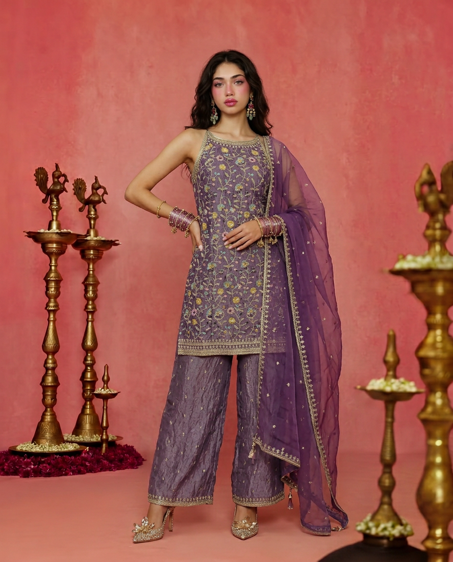 Lavender Embriodered Silk Blended Spaghetti Strap Kurta Bottom Dupatta Set
