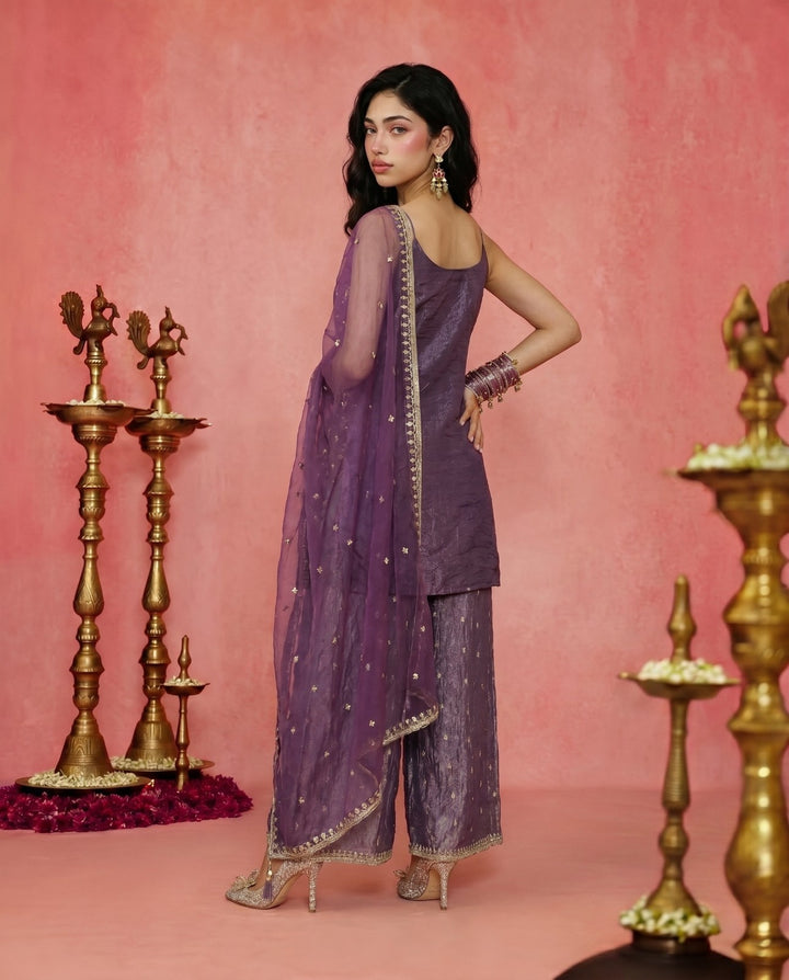 Lavender Embriodered Silk Blended Spaghetti Strap Kurta Bottom Dupatta Set