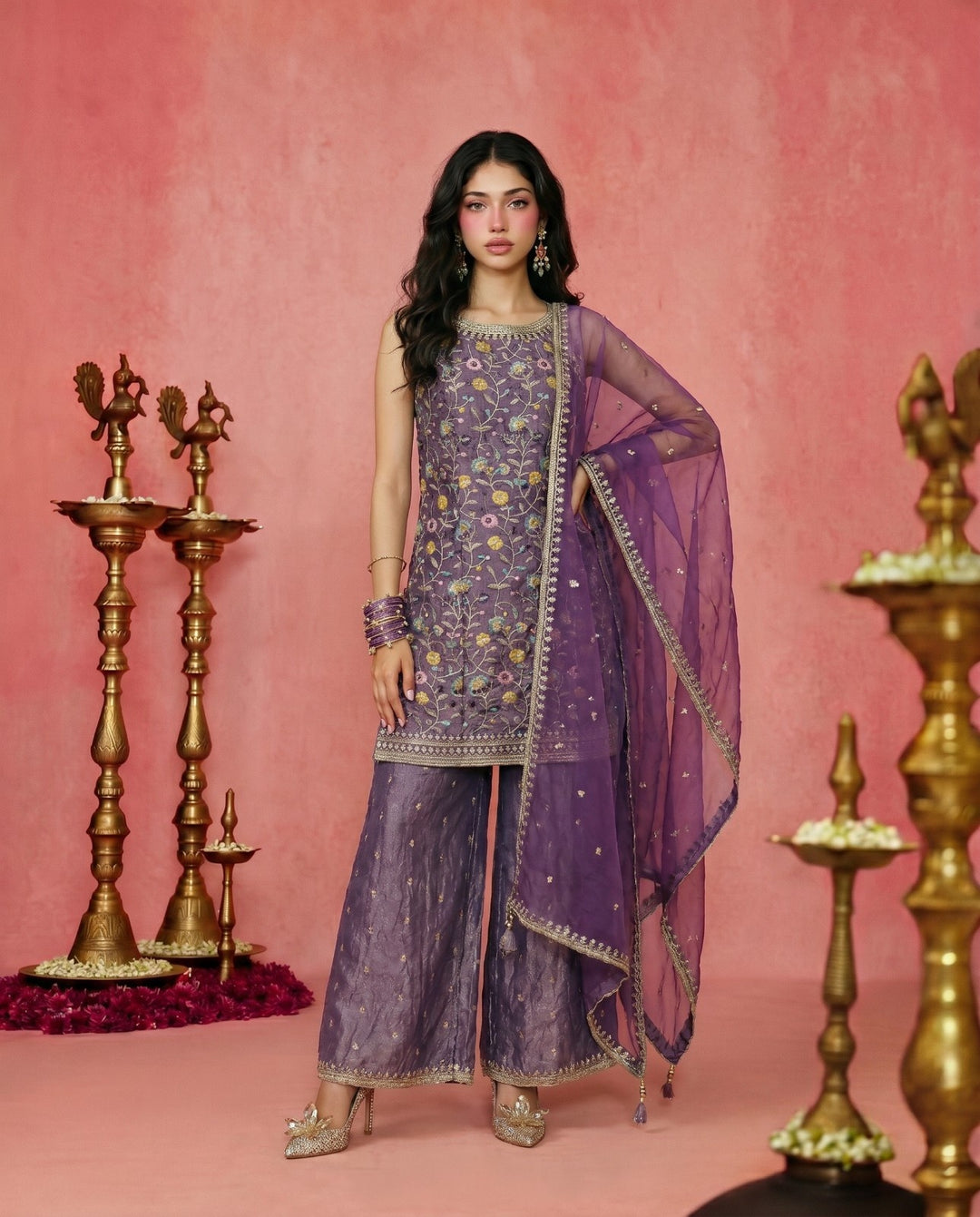 Lavender Embriodered Silk Blended Spaghetti Strap Kurta Bottom Dupatta Set