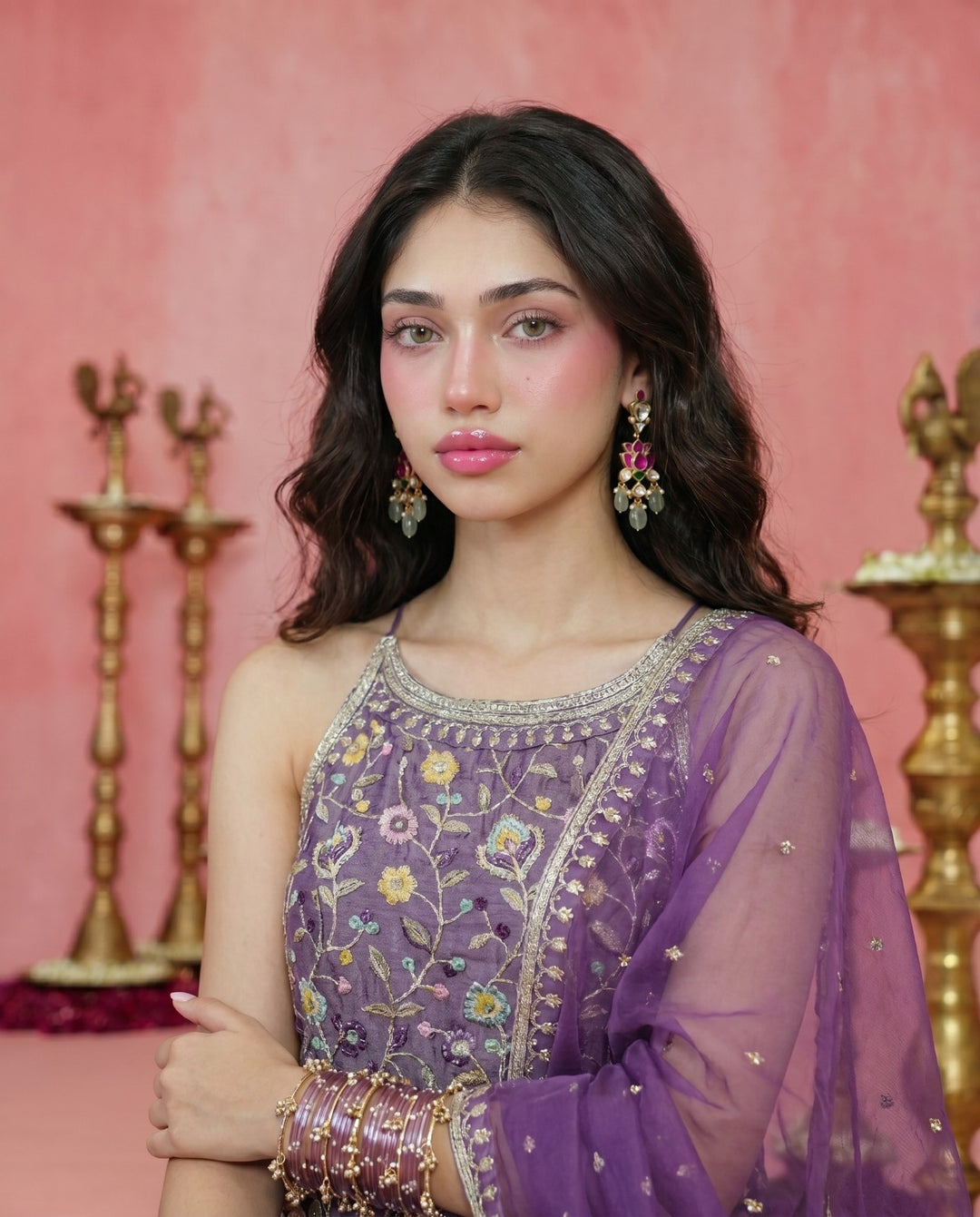 Lavender Embriodered Silk Blended Spaghetti Strap Kurta Bottom Dupatta Set