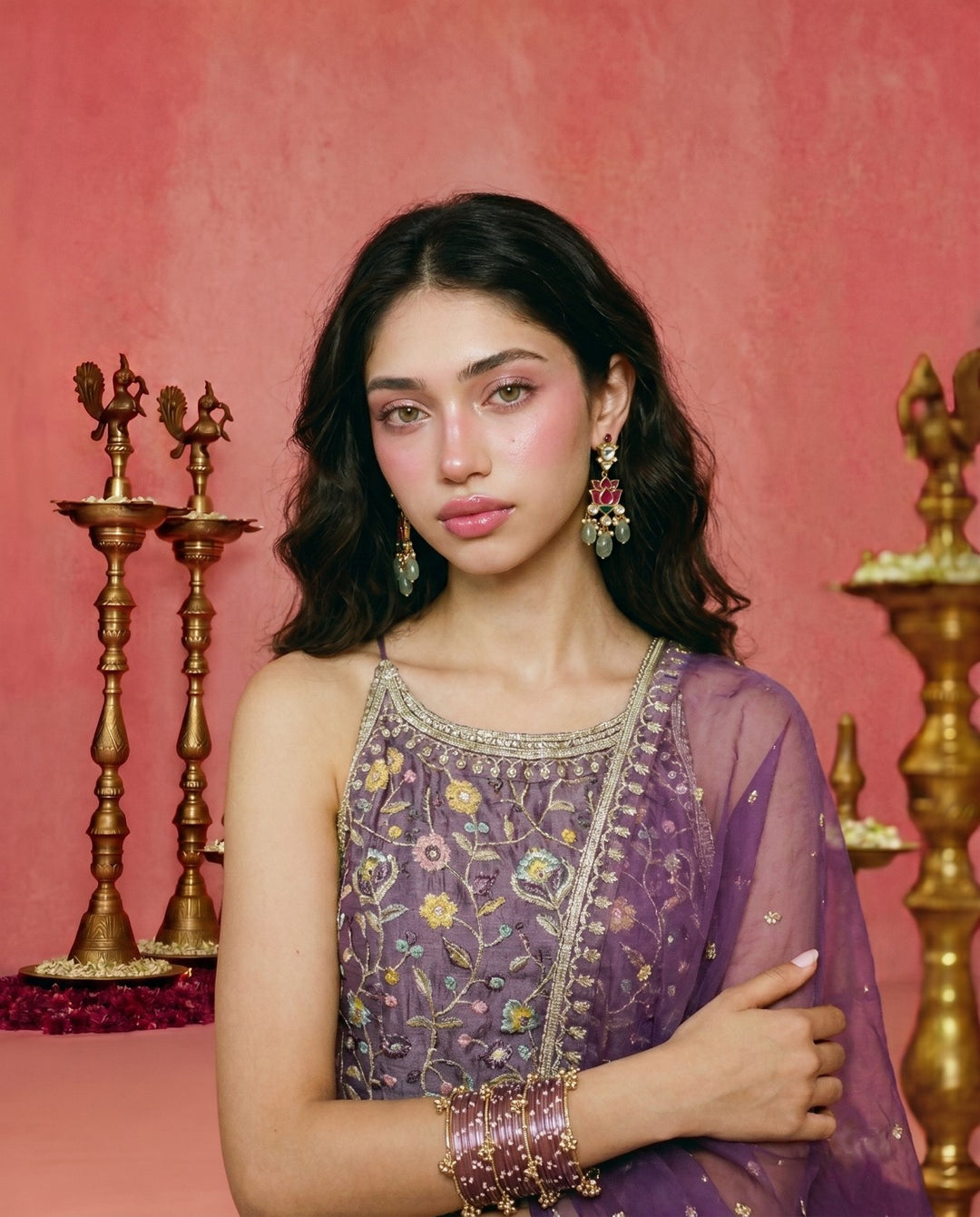 Lavender Embriodered Silk Blended Spaghetti Strap Kurta Bottom Dupatta Set