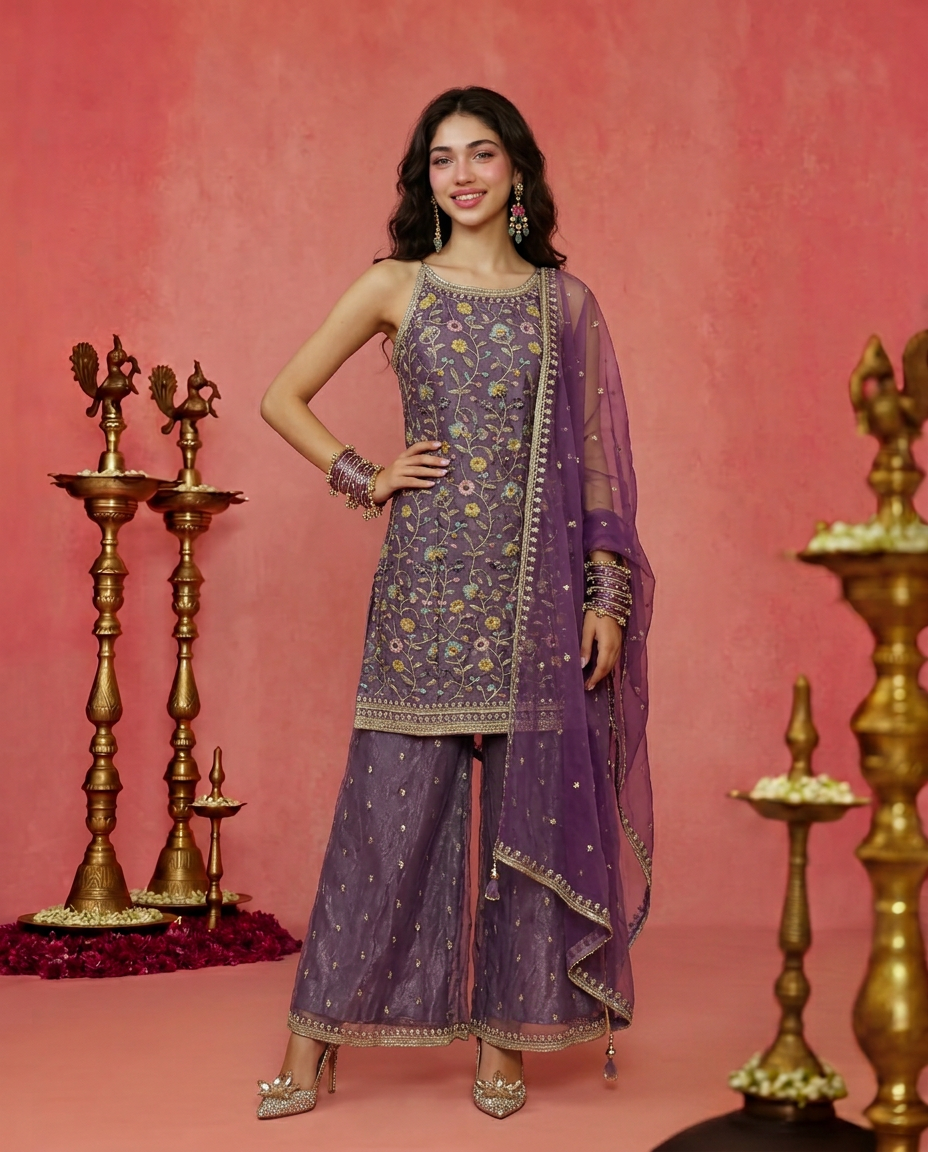 Lavender Embriodered Silk Blended Spaghetti Strap Kurta Bottom Dupatta Set