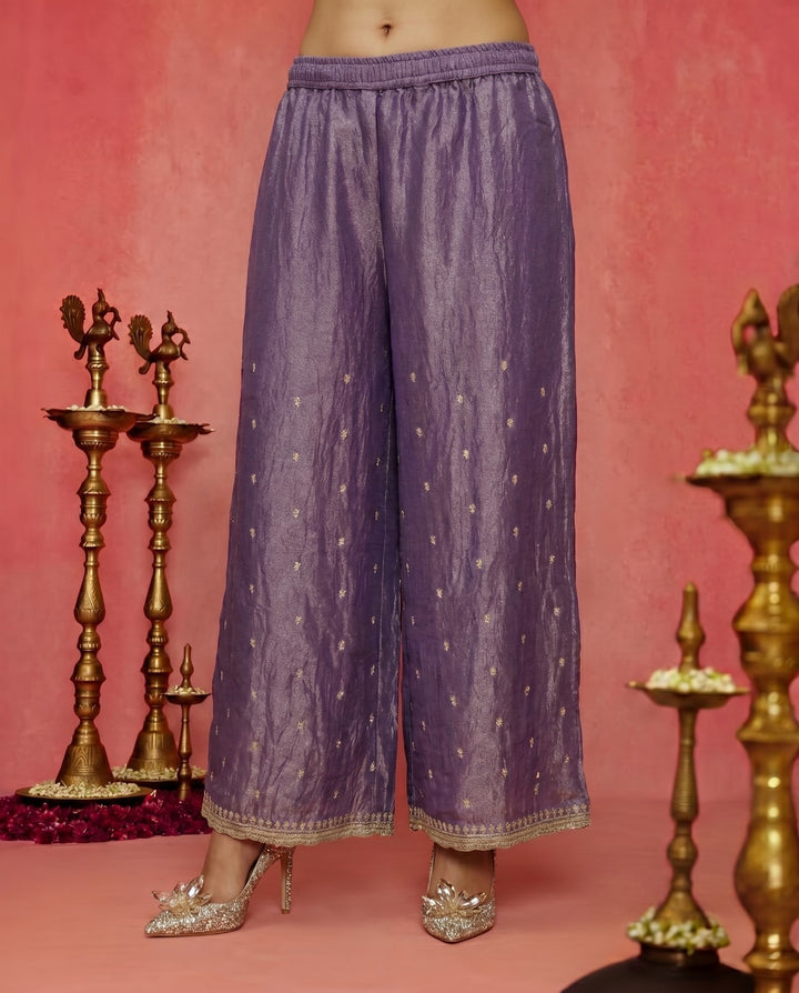 Lavender Embriodered Silk Blended Spaghetti Strap Kurta Bottom Dupatta Set