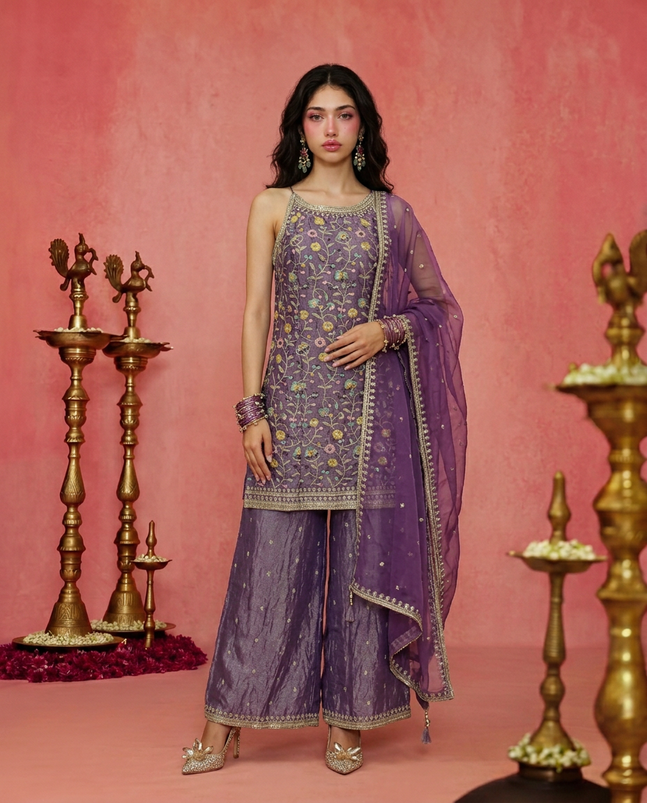 Lavender Embriodered Silk Blended Spaghetti Strap Kurta Bottom Dupatta Set