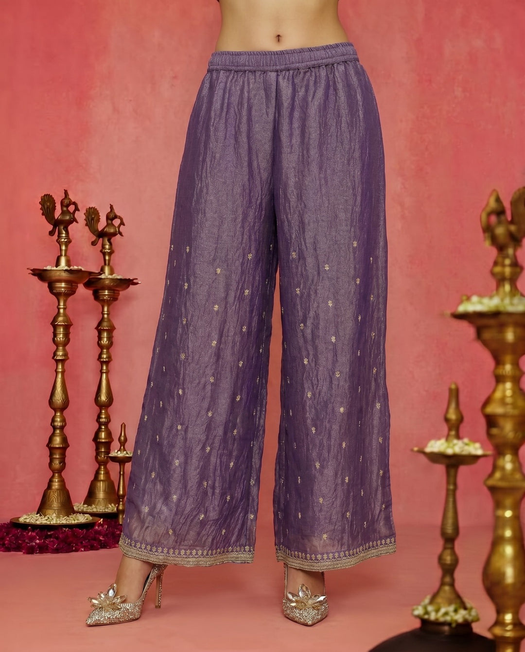 Lavender Embriodered Silk Blended Spaghetti Strap Kurta Bottom Dupatta Set