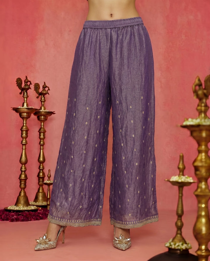 Lavender Embriodered Silk Blended Spaghetti Strap Kurta Bottom Dupatta Set
