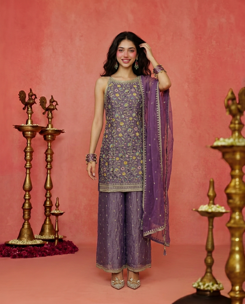 Lavender Embriodered Silk Blended Spaghetti Strap Kurta Bottom Dupatta Set