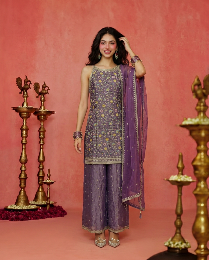 Lavender Embriodered Silk Blended Spaghetti Strap Kurta Bottom Dupatta Set