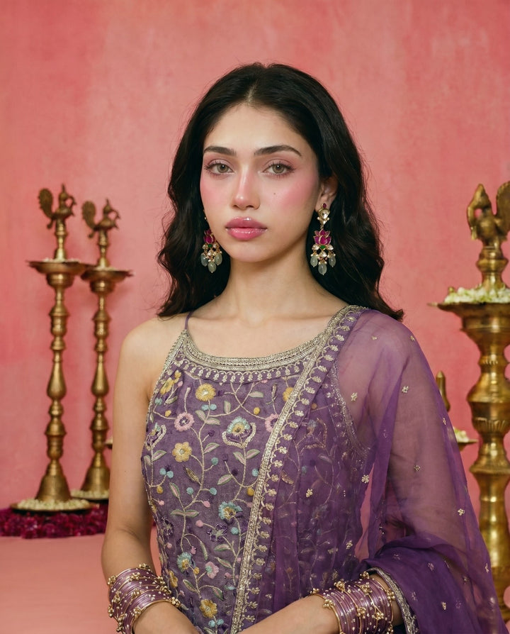 Lavender Embriodered Silk Blended Spaghetti Strap Kurta Bottom Dupatta Set
