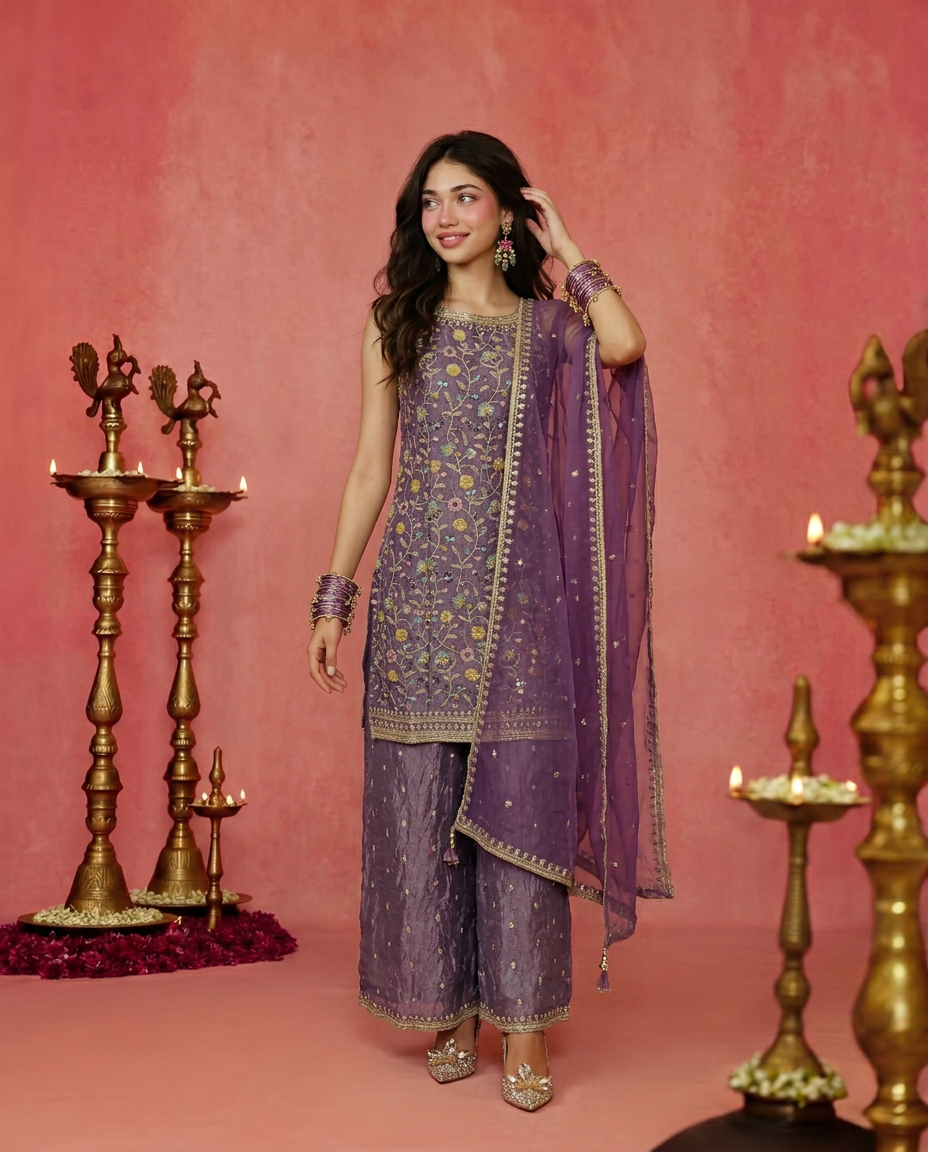 Lavender Embriodered Silk Blended Spaghetti Strap Kurta Bottom Dupatta Set