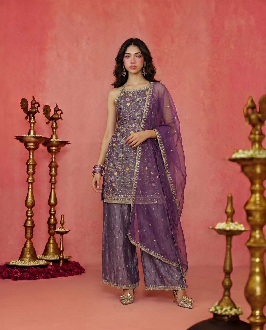Lavender Embriodered Silk Blended Spaghetti Strap Kurta Bottom Dupatta Set