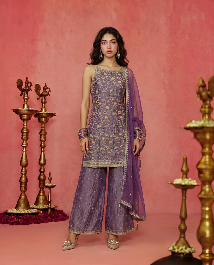 Lavender Embriodered Silk Blended Spaghetti Strap Kurta Bottom Dupatta Set