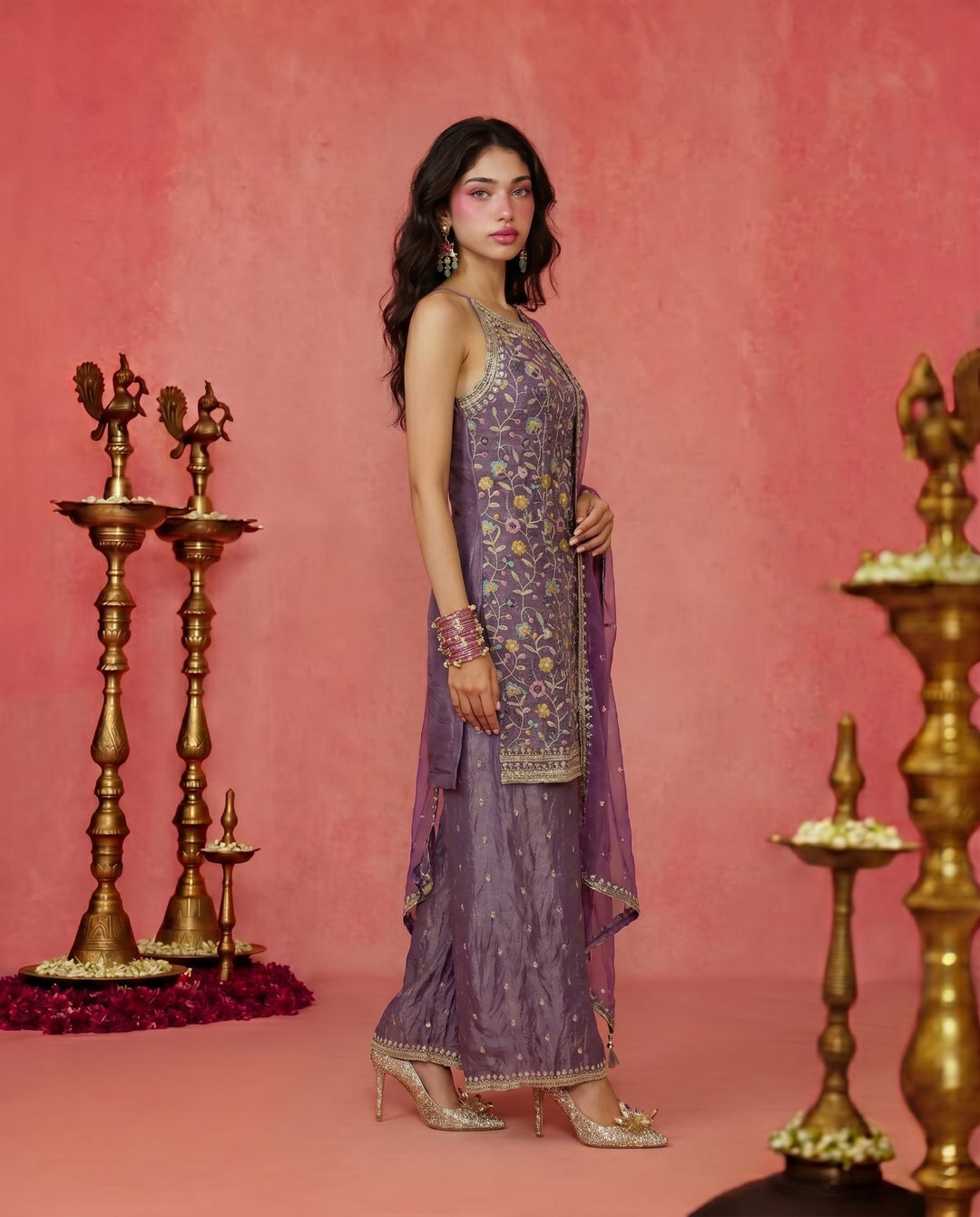 Lavender Embriodered Silk Blended Spaghetti Strap Kurta Bottom Dupatta Set