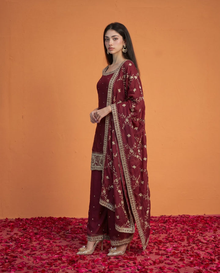 Maroon Embriodered Silk Blended Sleeveless Kurta Bottom Dupatta Set