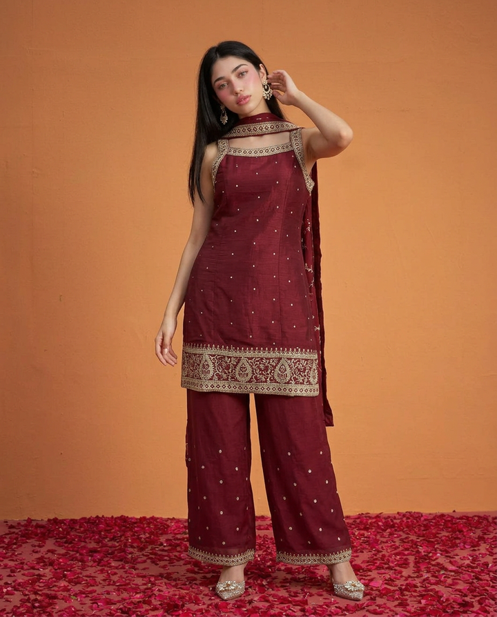 Maroon Embriodered Silk Blended Sleeveless Kurta Bottom Dupatta Set