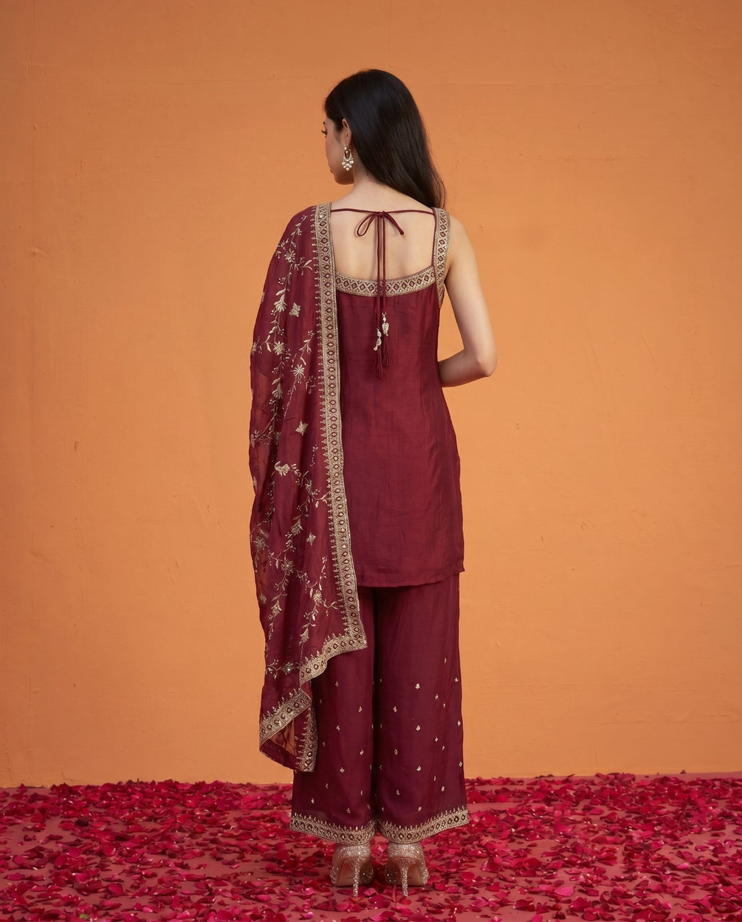 Maroon Embriodered Silk Blended Sleeveless Kurta Bottom Dupatta Set