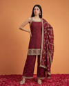 Maroon Embriodered Silk Blended Sleeveless Kurta Bottom Dupatta Set