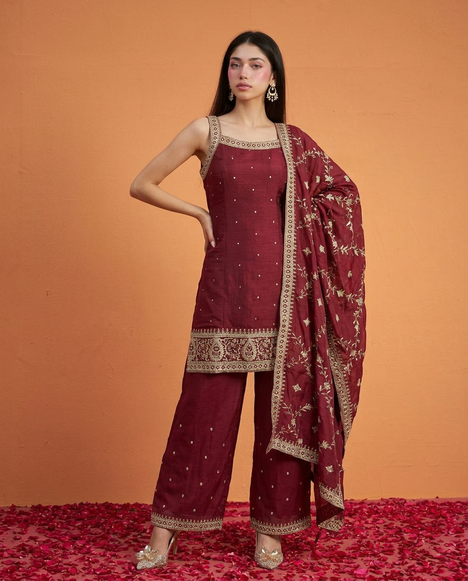 Maroon Embriodered Silk Blended Sleeveless Kurta Bottom Dupatta Set