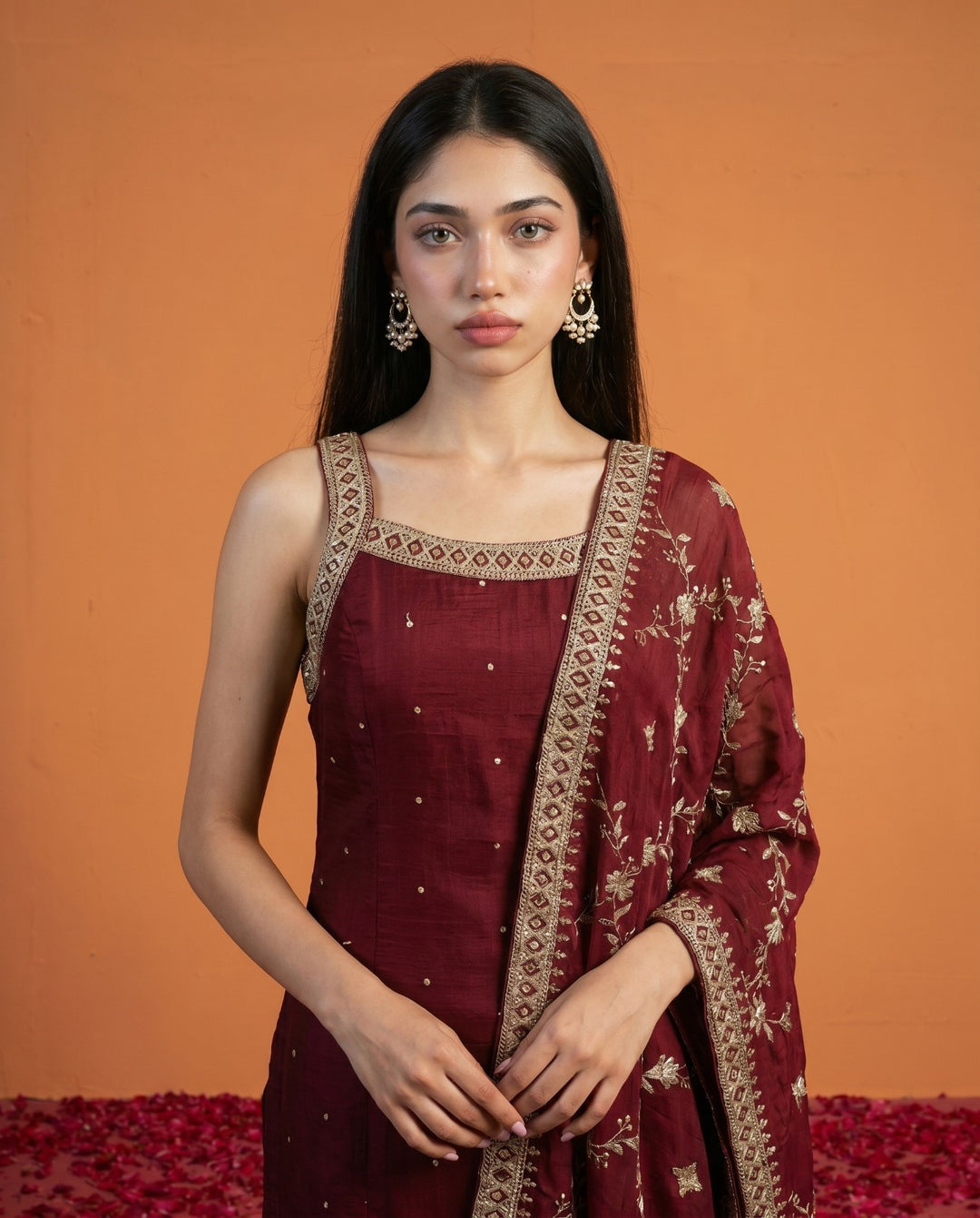 Maroon Embriodered Silk Blended Sleeveless Kurta Bottom Dupatta Set