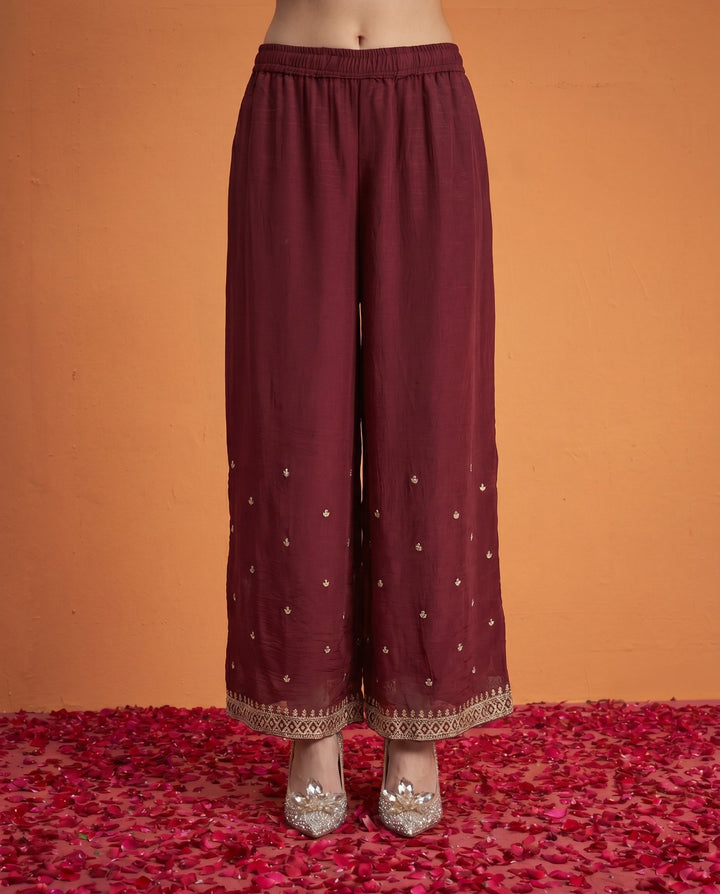 Maroon Embriodered Silk Blended Sleeveless Kurta Bottom Dupatta Set